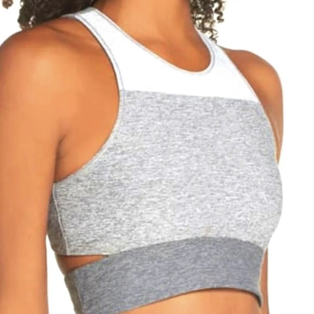 OUTDOOR VOICES Tri-Tone Slashback Crop Top Sports Bra, Grey, Sz XS